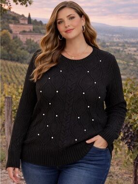 Crown & Ivy Black Pearl Sweater | Cable Knit Cozy Chic Vineyard Style XXL